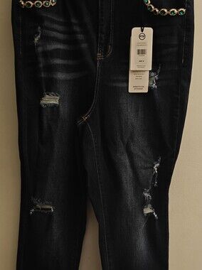 Fashion to Figure Dark Blue Skinny Jeans with Embellished Cuffs Size 18